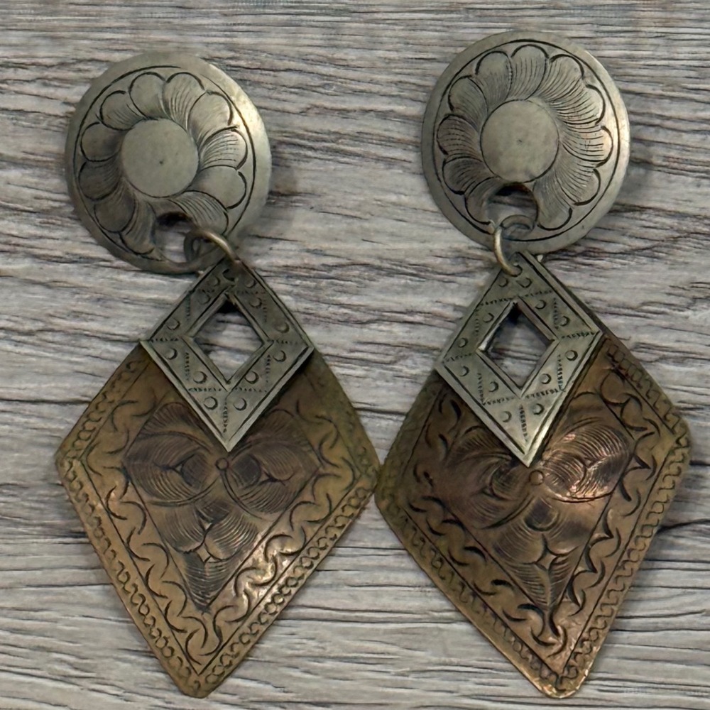Vintage Silver tone Mixed Metal Copper Brass Diamond Drop Statement Earrings